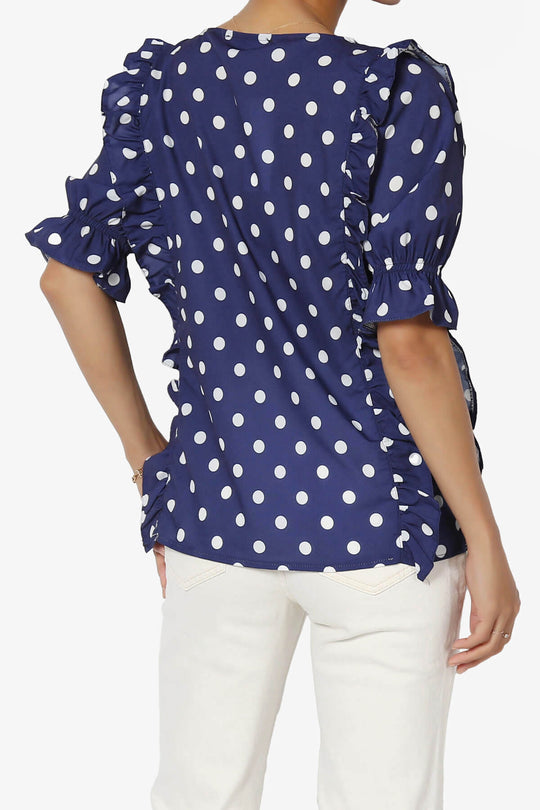 Kiley Polka Dot Ruffle Blouse in Navy