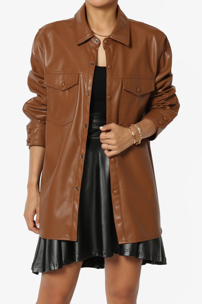 PU Vegan Faux Leather Long Sleeve Flap Pocket Loose Shirt Jacket