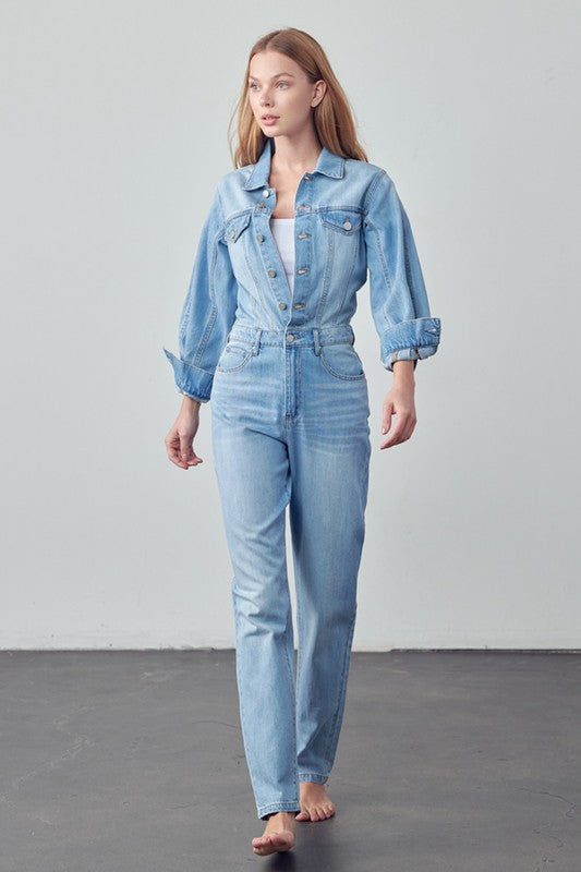 Denim Lab USA High Waist Flap Pocket Half Button Denim Jumpsuit