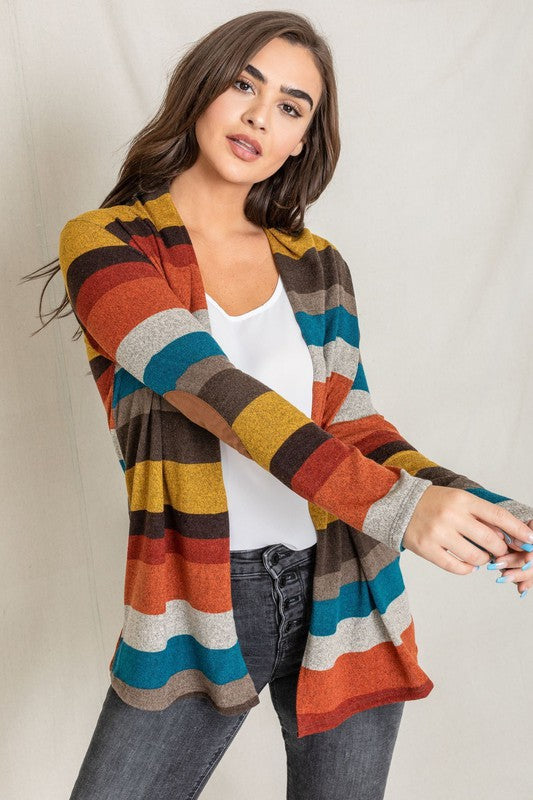 EG fashion Stripe Elbow Patch Cardigan