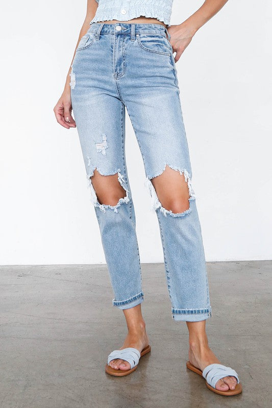 Denim Lab USA High Waist Destroyed Hem Boyfriend Jeans