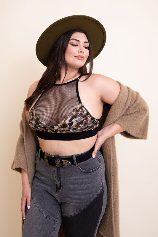Leto Accessories Plus Size Mesh Print High Neck Bralette