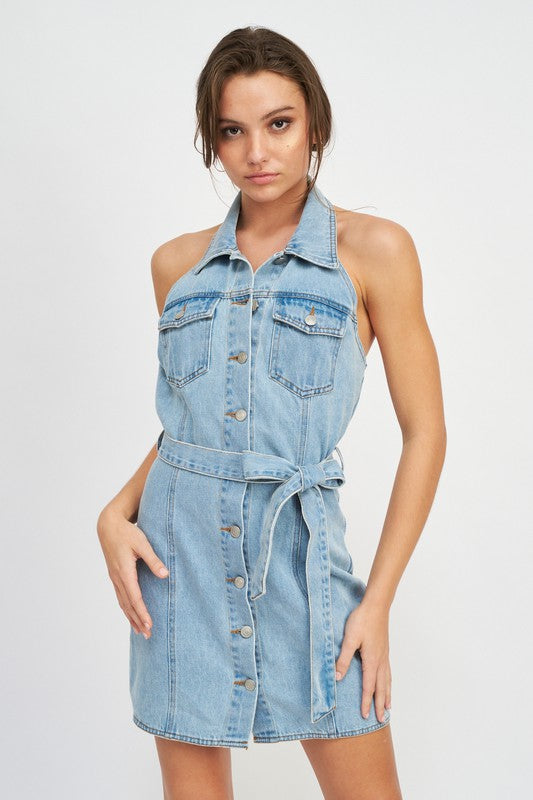 Emory Park BUTTON DOWN DENIM MINI DRESS WITH BELT