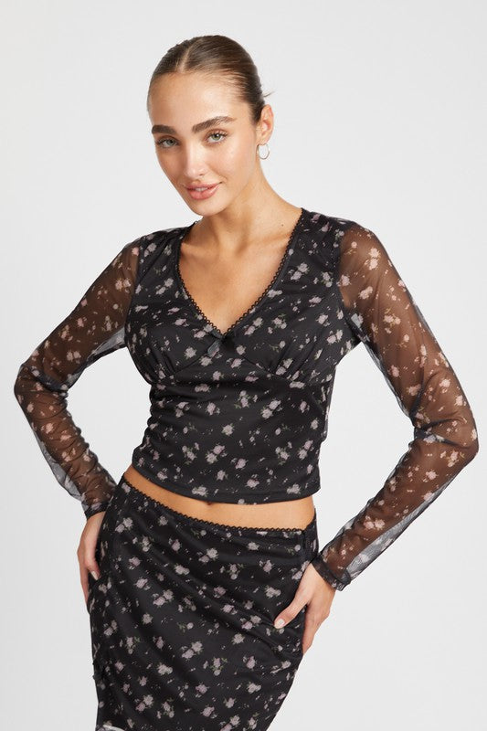 Emory Park FLORAL PRINT MESH CROP TOP WITH V NECK