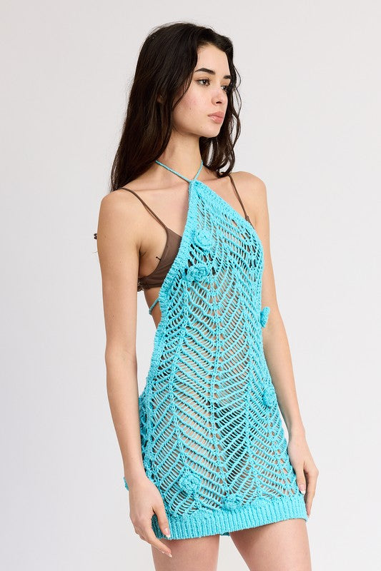 Emory Park HALTER NECK CROCHET DRESS WITH FLOWER DETAIL
