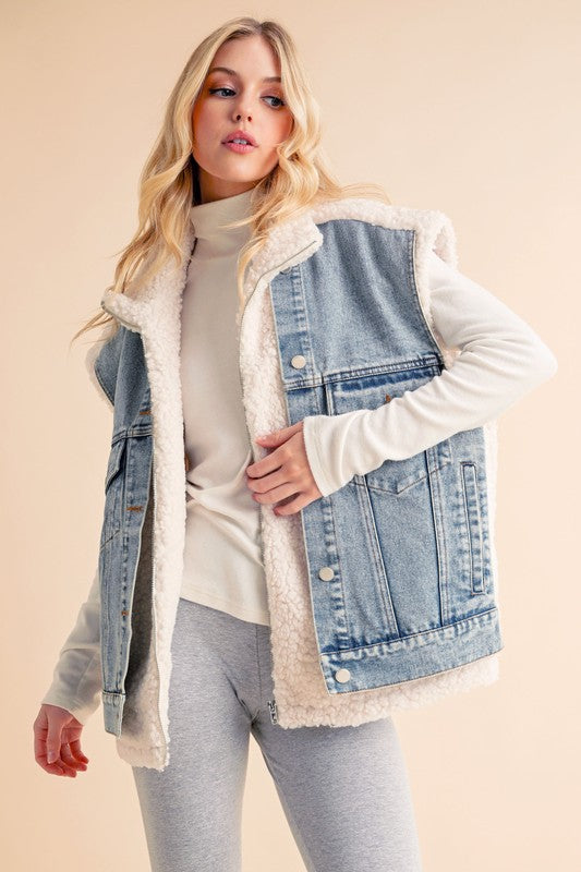 Aemi + Co Delli Sherpa Denim Front Oversized Vest