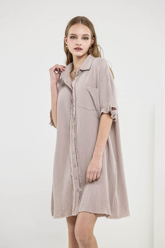 noflik Plus Frayed Edges Breezy Button down Shirt Dress