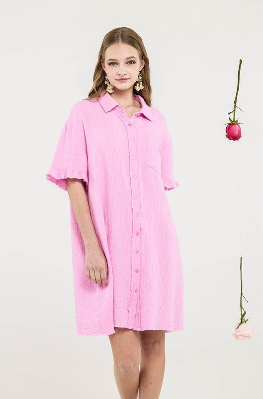 noflik Frayed Edges Breezy Button down Shirt Dress
