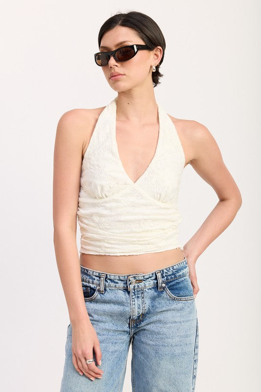 Emory Park CROPPED HALTER TOP WITH LACE DETAIL