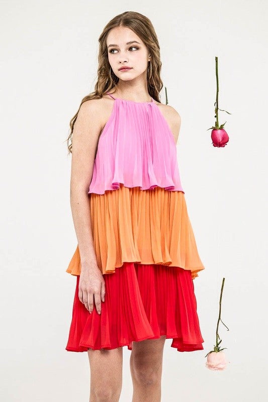 noflik Plus Tiered Pleated Swing Halter Mini Dress