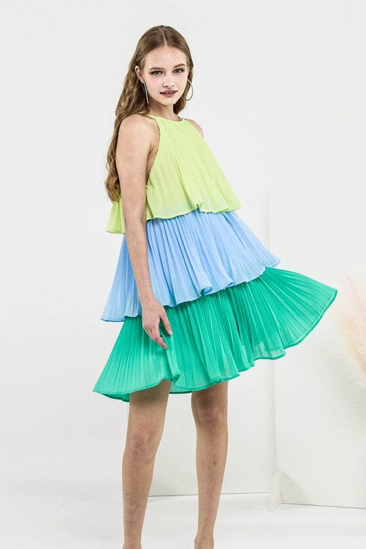 noflik Tiered Pleated Swing Halter Mini Dress