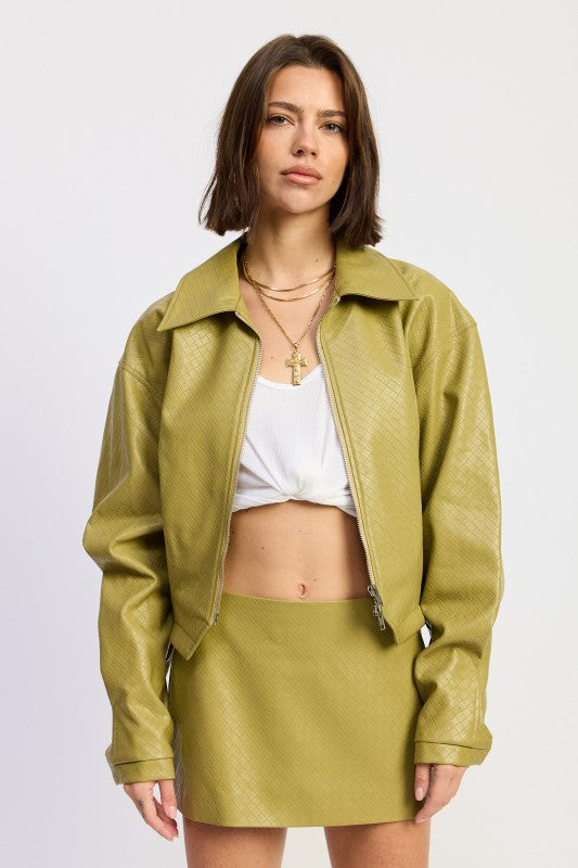 Emory Park Faux Leather CROPPED JACKET WITH COLLAR AND ZIPPER
