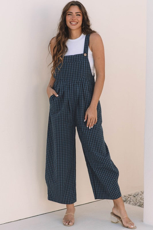 YNIQUE Plaid Print Buttoned Pocketed High Waist Jumpsuits