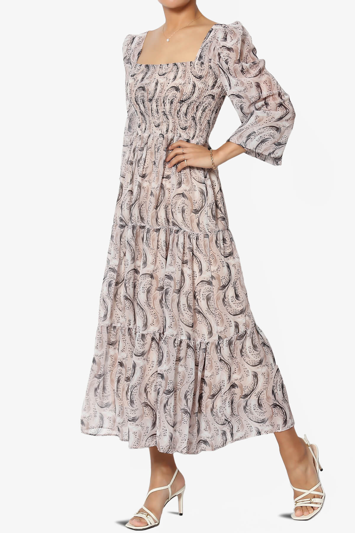 Beki Square Neck Chiffon Flared Midi Dress ASH BLUSH_3