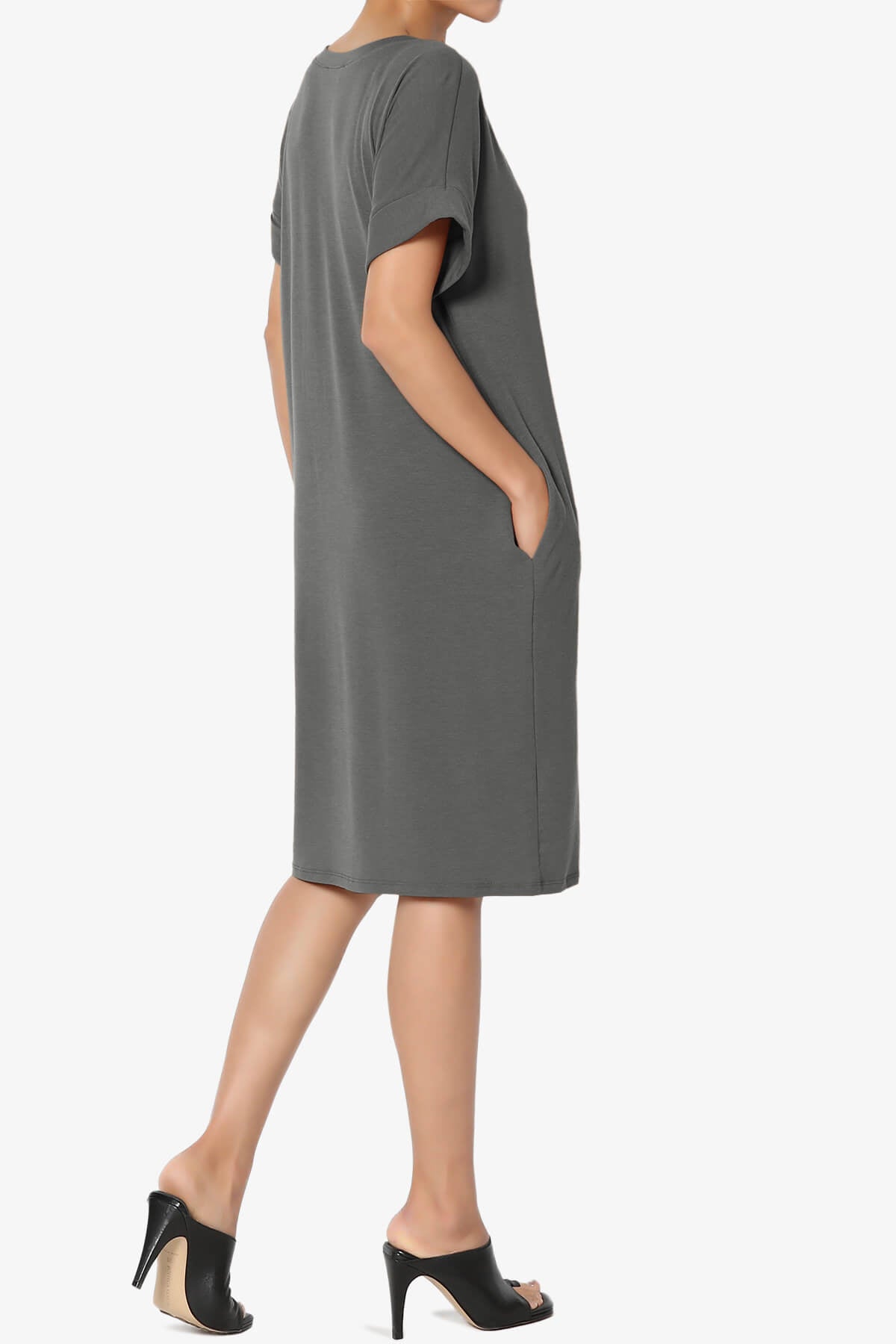Cliff Rolled Short Sleeve V-Neck Dress ASH GREY_4