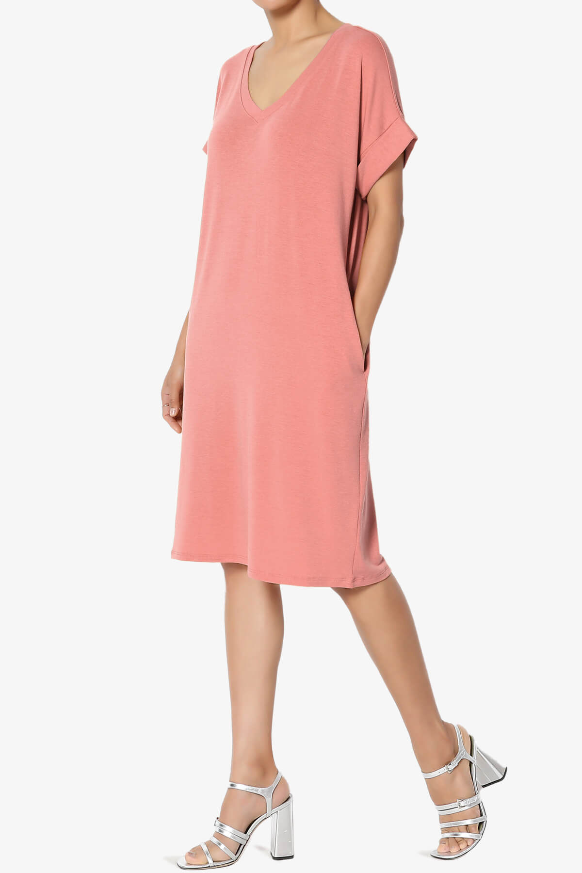 Cliff Rolled Short Sleeve V-Neck Dress ASH ROSE_3