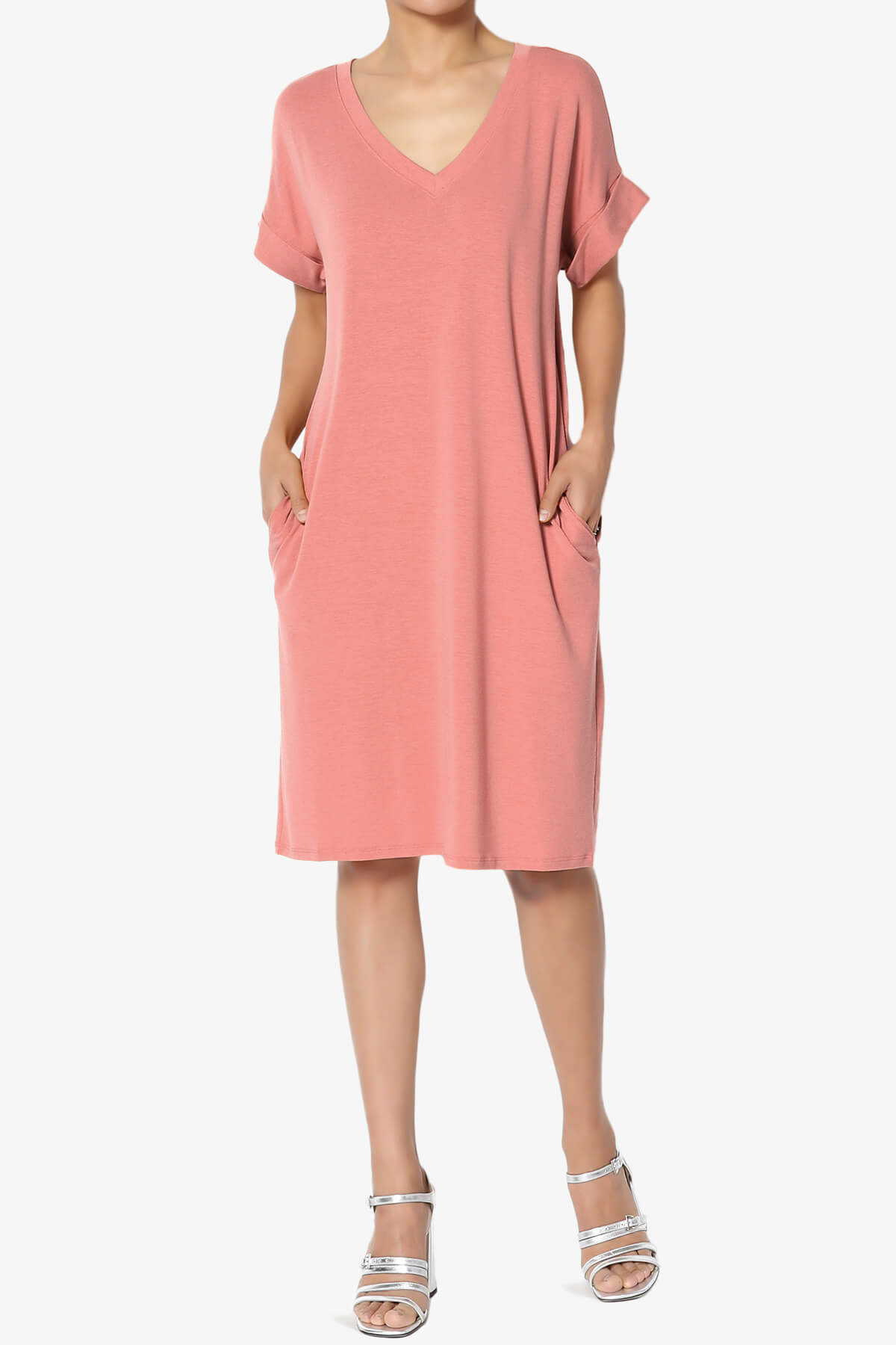 Cliff Rolled Short Sleeve V-Neck Dress ASH ROSE_6