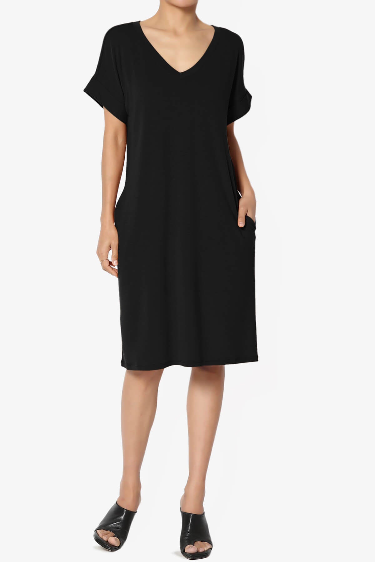 Cliff Rolled Short Sleeve V-Neck Dress BLACK_6