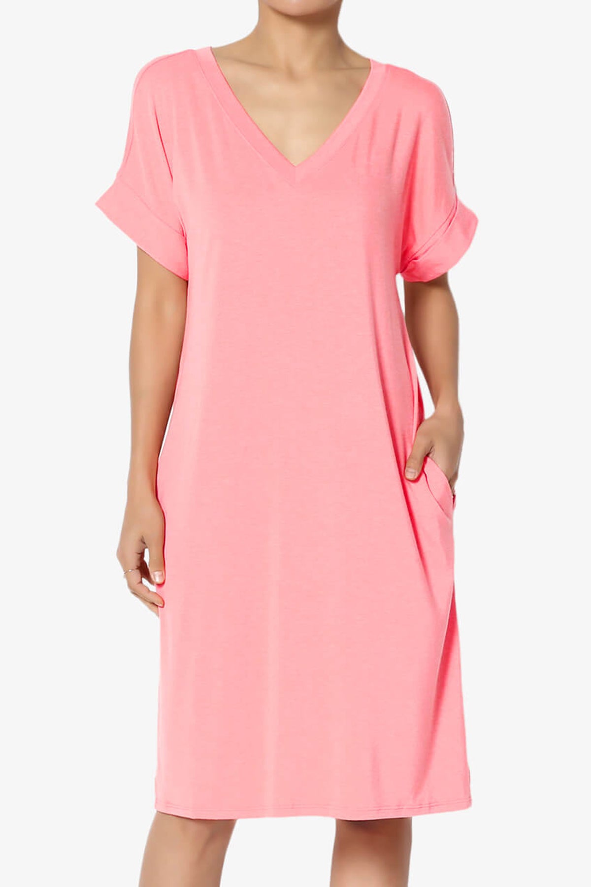 Cliff Rolled Short Sleeve V-Neck Dress BRIGHT PINK_1