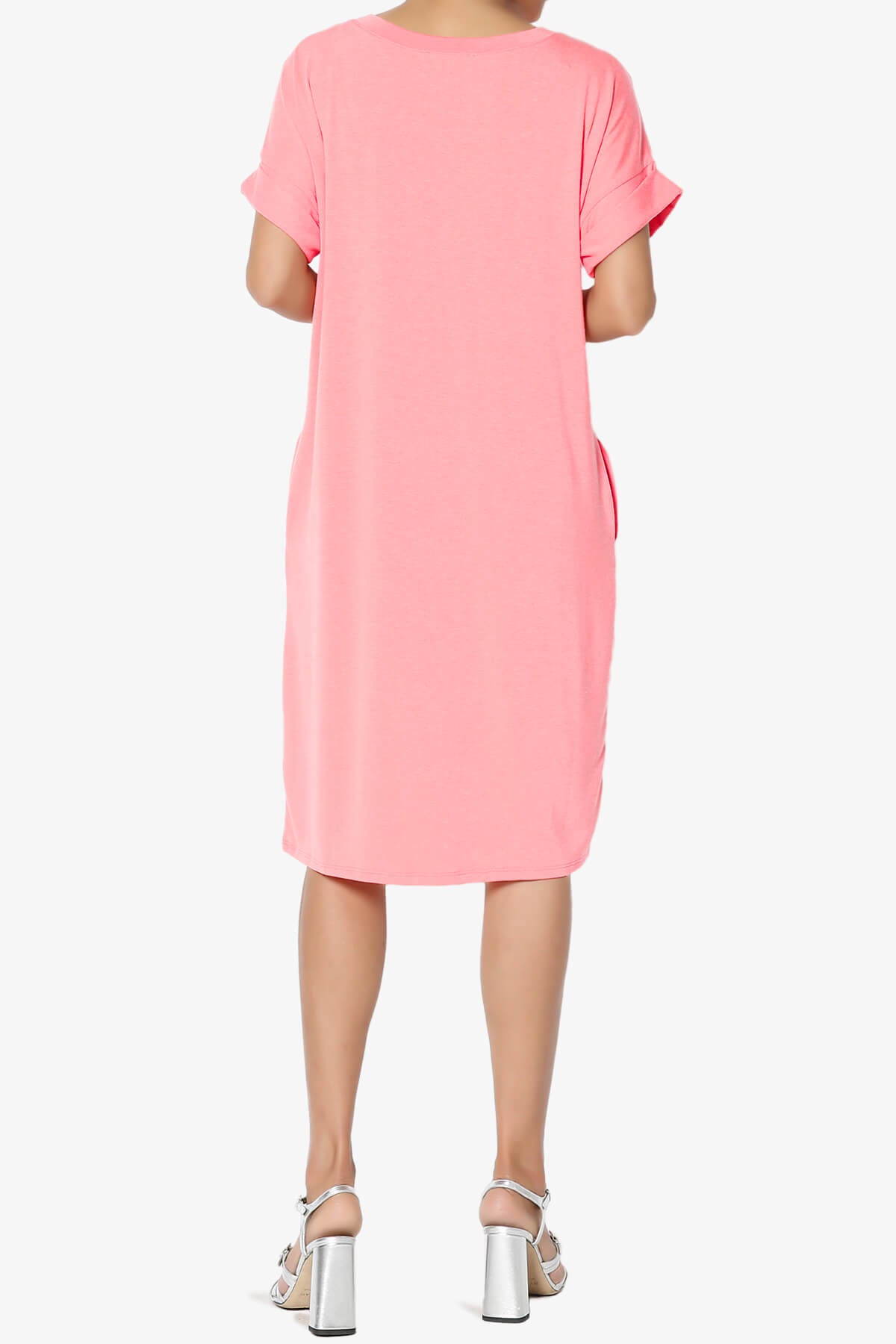 Cliff Rolled Short Sleeve V-Neck Dress BRIGHT PINK_2