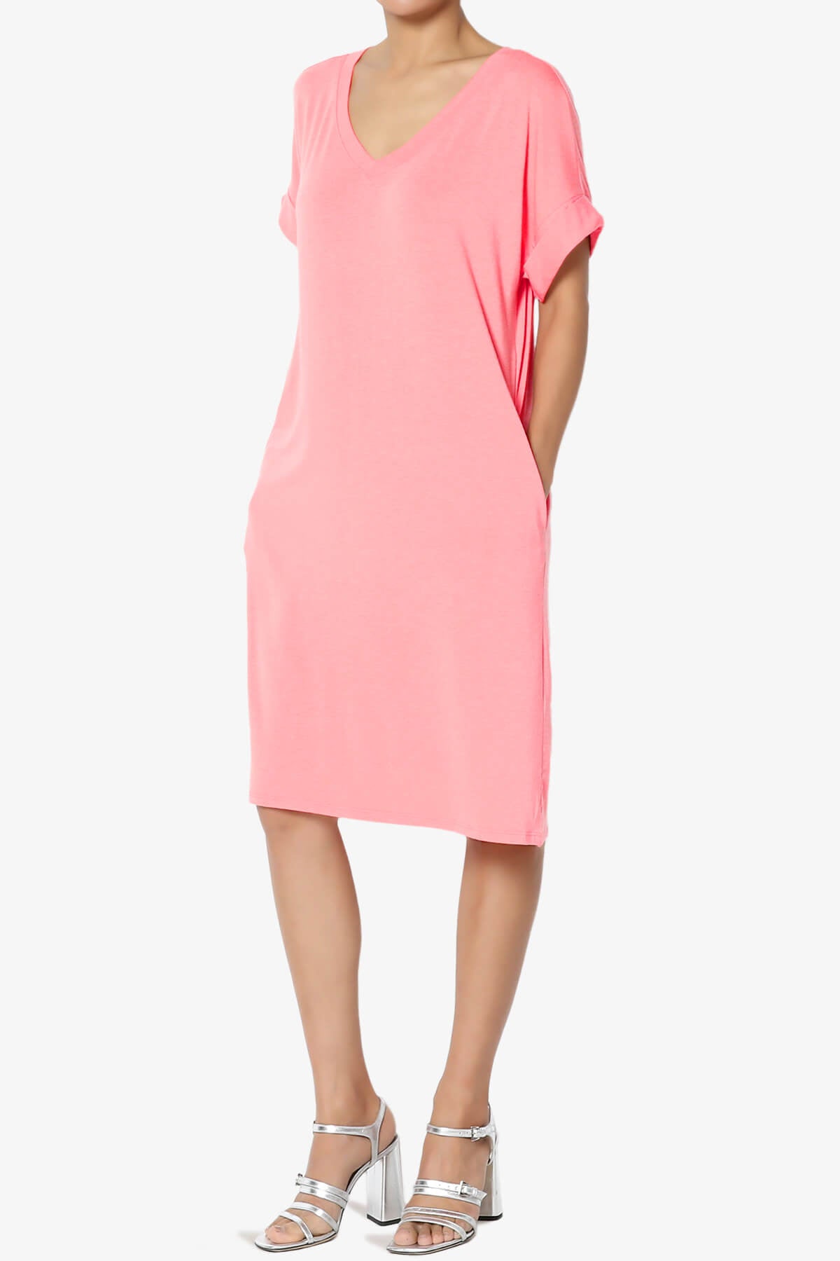 Cliff Rolled Short Sleeve V-Neck Dress BRIGHT PINK_3