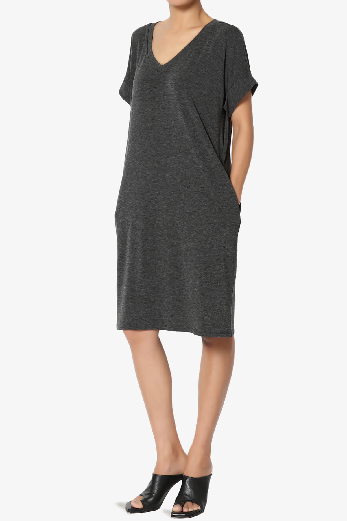 Cliff Rolled Short Sleeve V-Neck Dress CHARCOAL_3