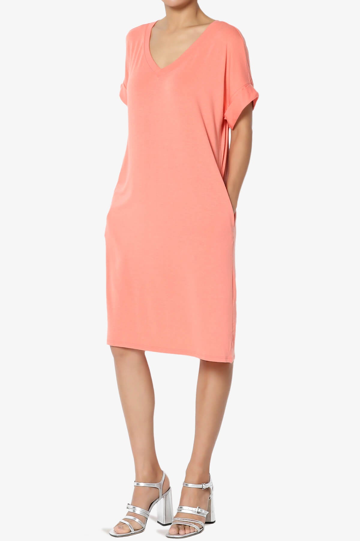 Cliff Rolled Short Sleeve V-Neck Dress CORAL_3
