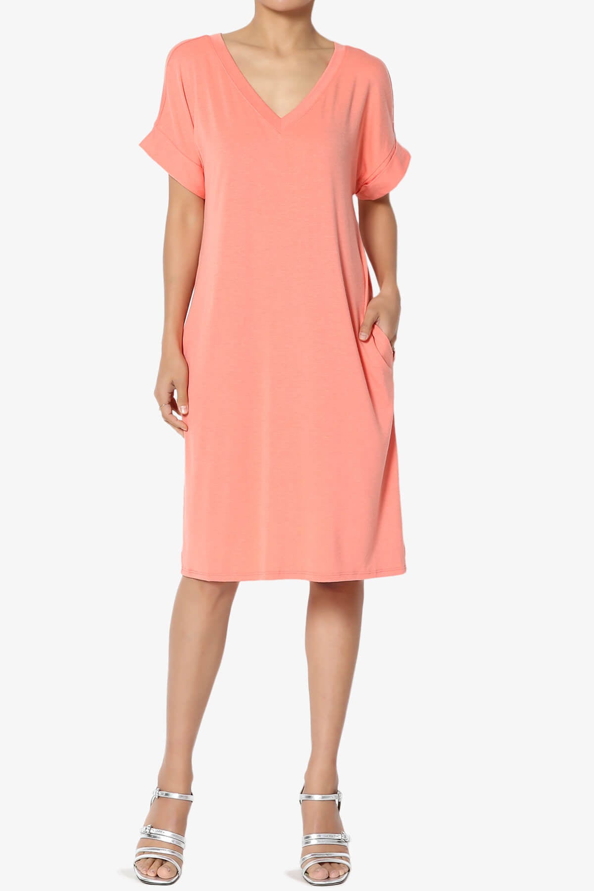 Cliff Rolled Short Sleeve V-Neck Dress CORAL_6