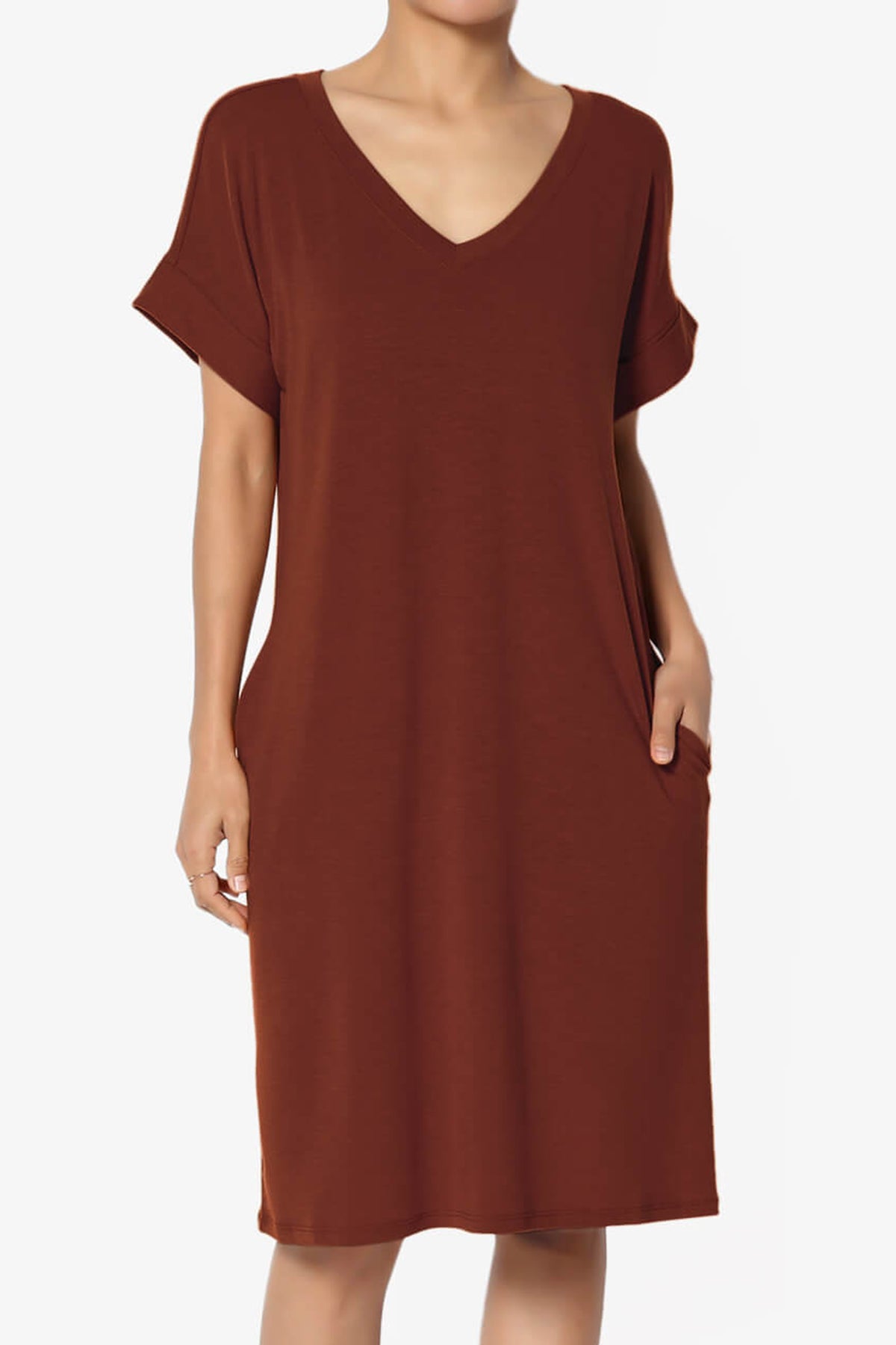 Cliff Rolled Short Sleeve V-Neck Dress DARK RUST_1