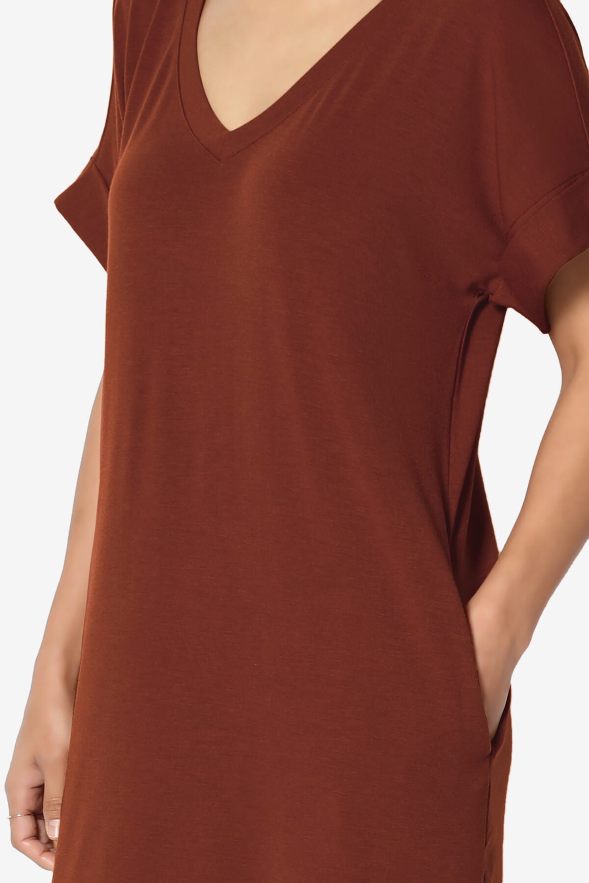 Cliff Rolled Short Sleeve V-Neck Dress DARK RUST_5