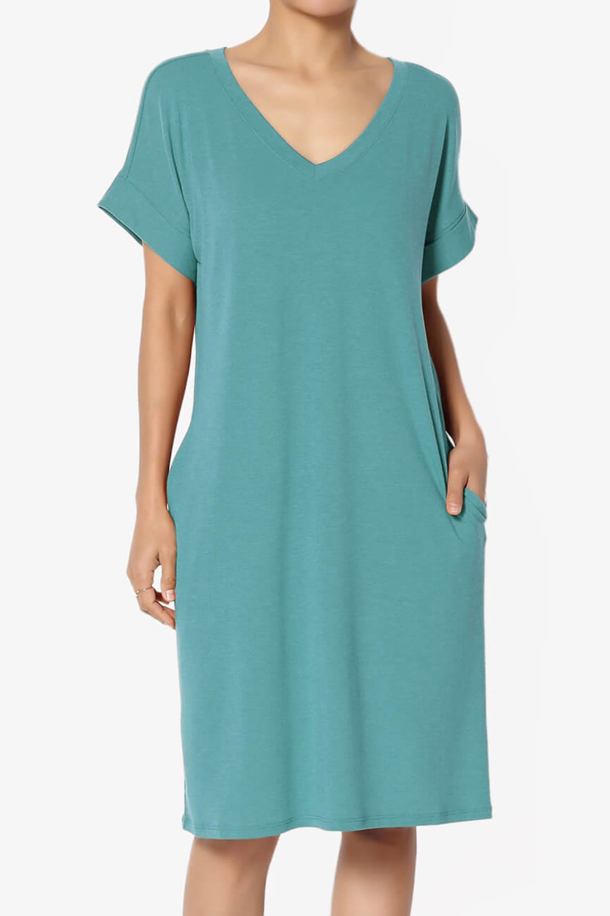 Cliff Rolled Short Sleeve V-Neck Dress DUSTY TEAL_1