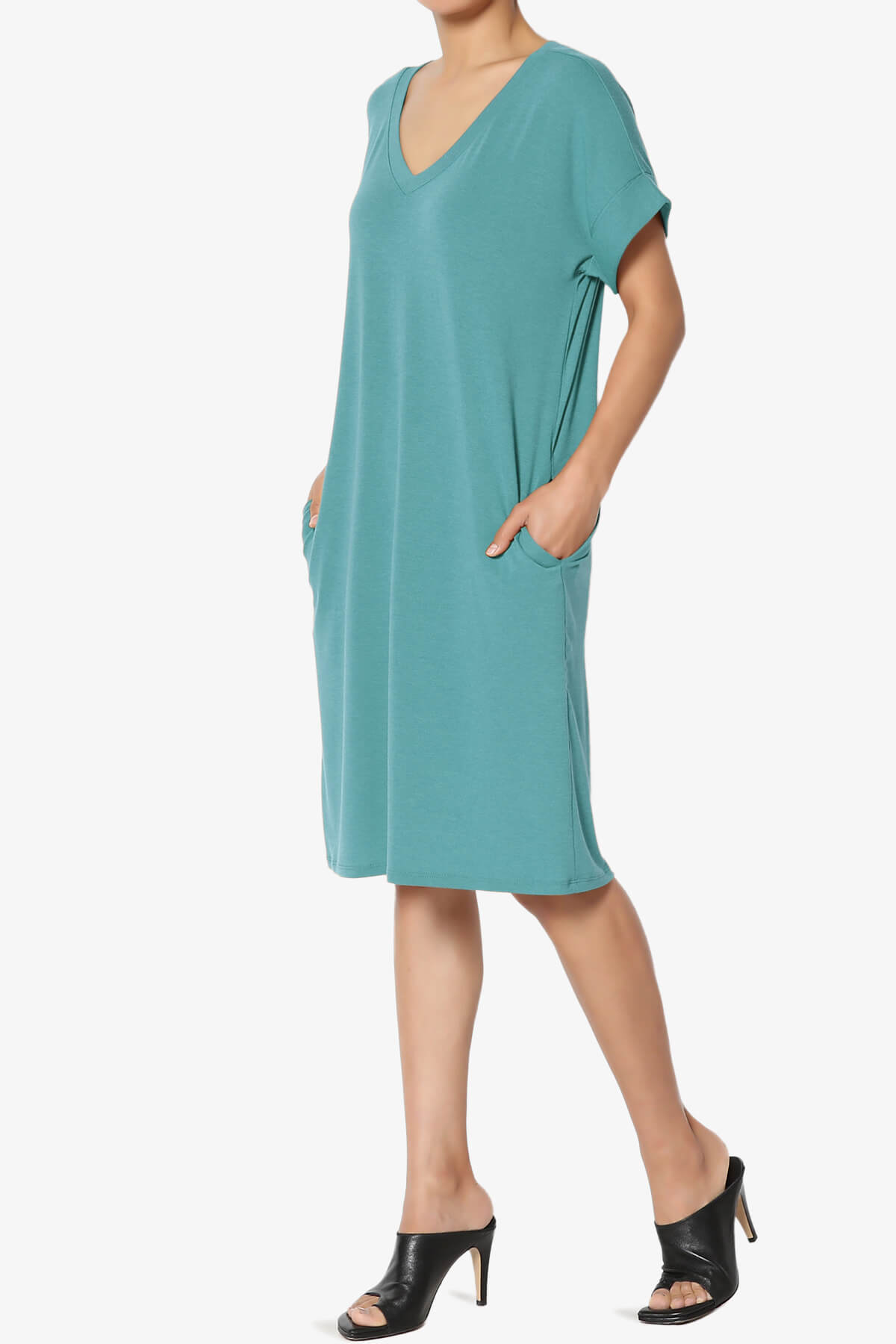 Cliff Rolled Short Sleeve V-Neck Dress DUSTY TEAL_3