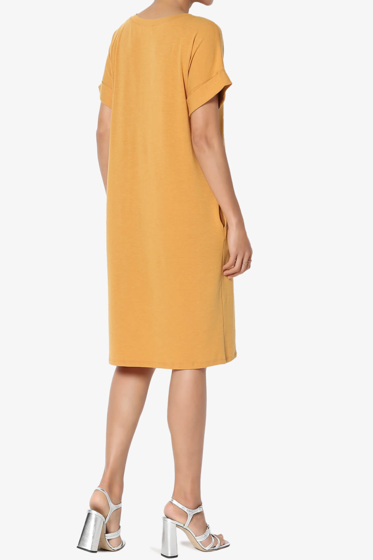 Cliff Rolled Short Sleeve V-Neck Dress GOLDEN MUSTARD_4