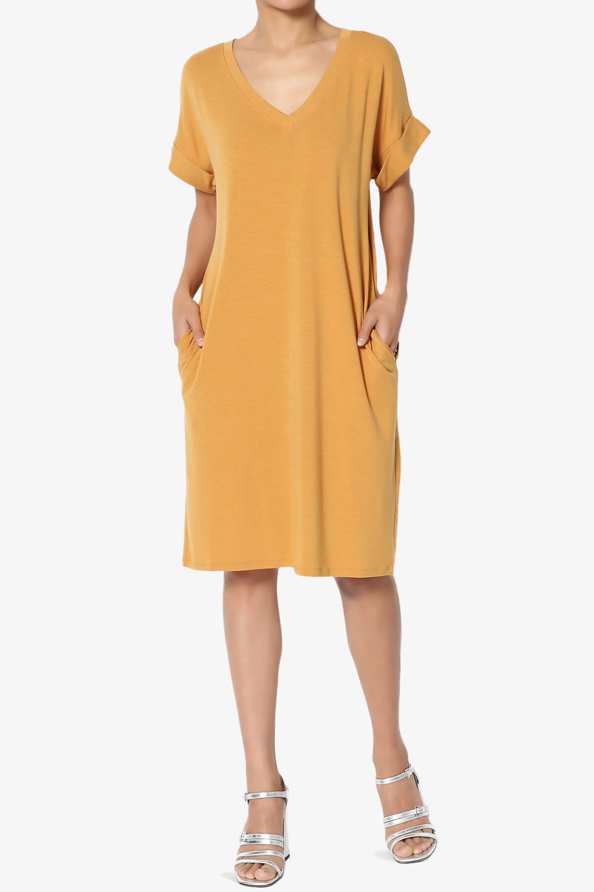 Cliff Rolled Short Sleeve V-Neck Dress GOLDEN MUSTARD_6