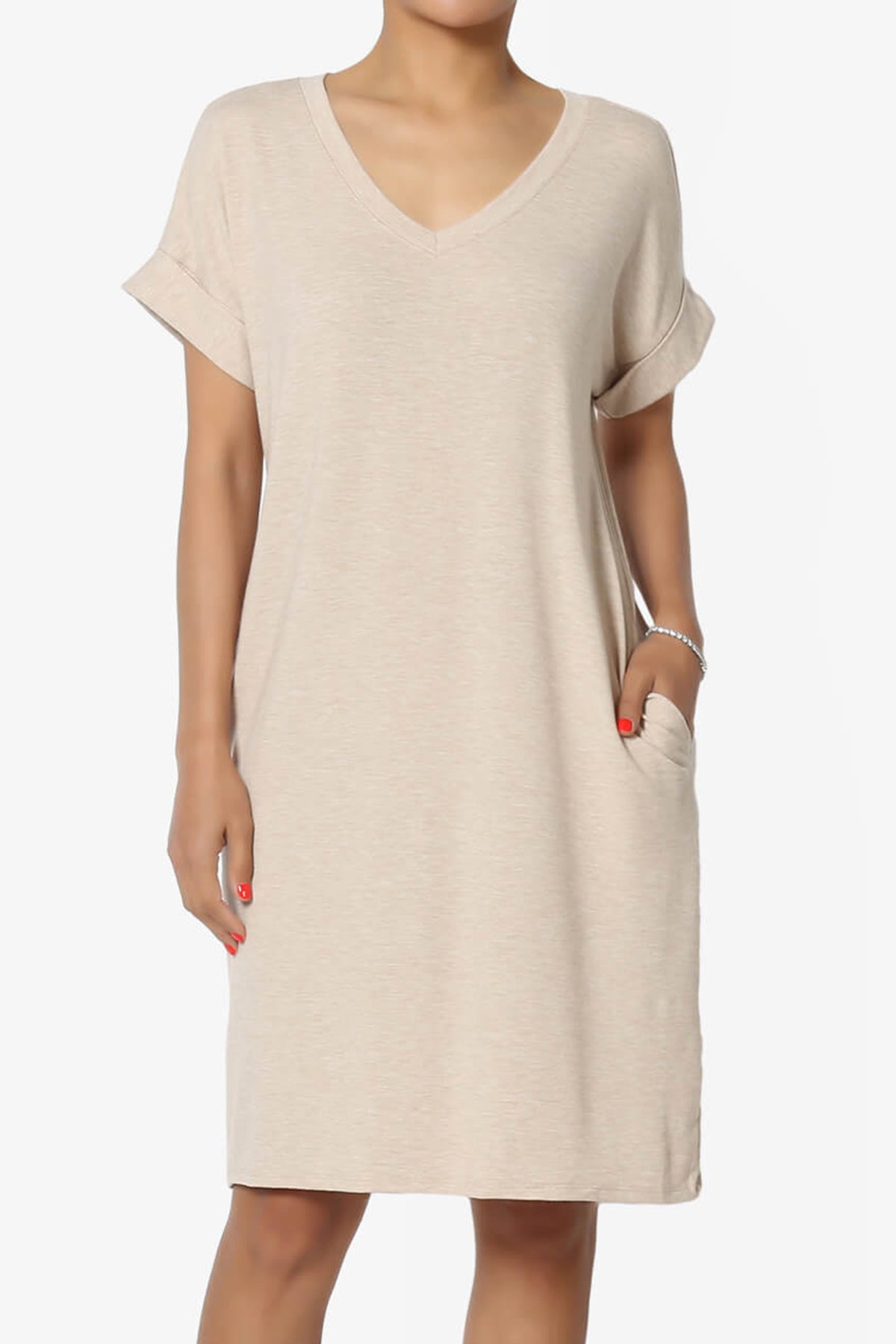 Cliff Rolled Short Sleeve V-Neck Dress HEATHER BEIGE_1
