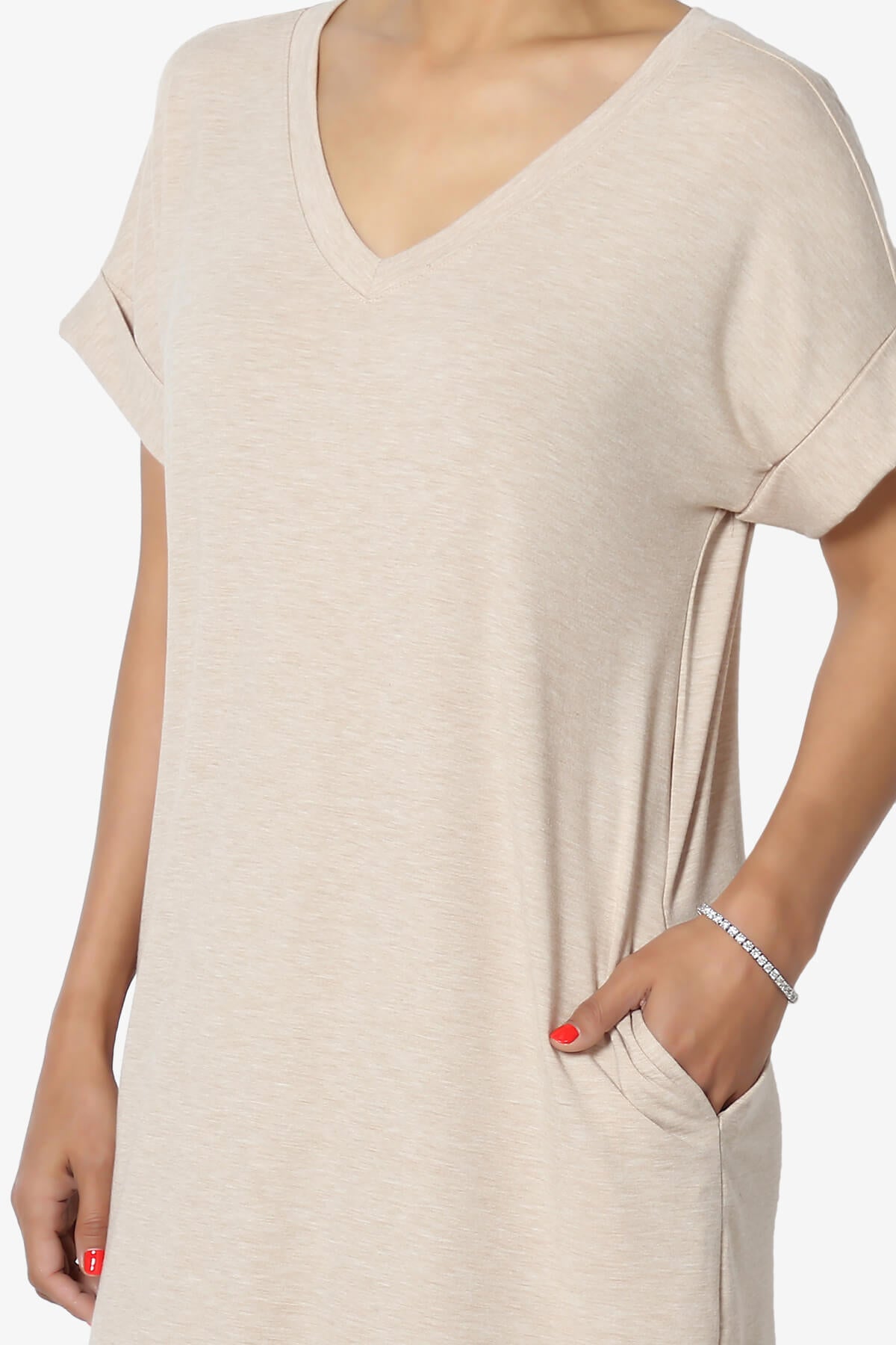 Cliff Rolled Short Sleeve V-Neck Dress HEATHER BEIGE_5