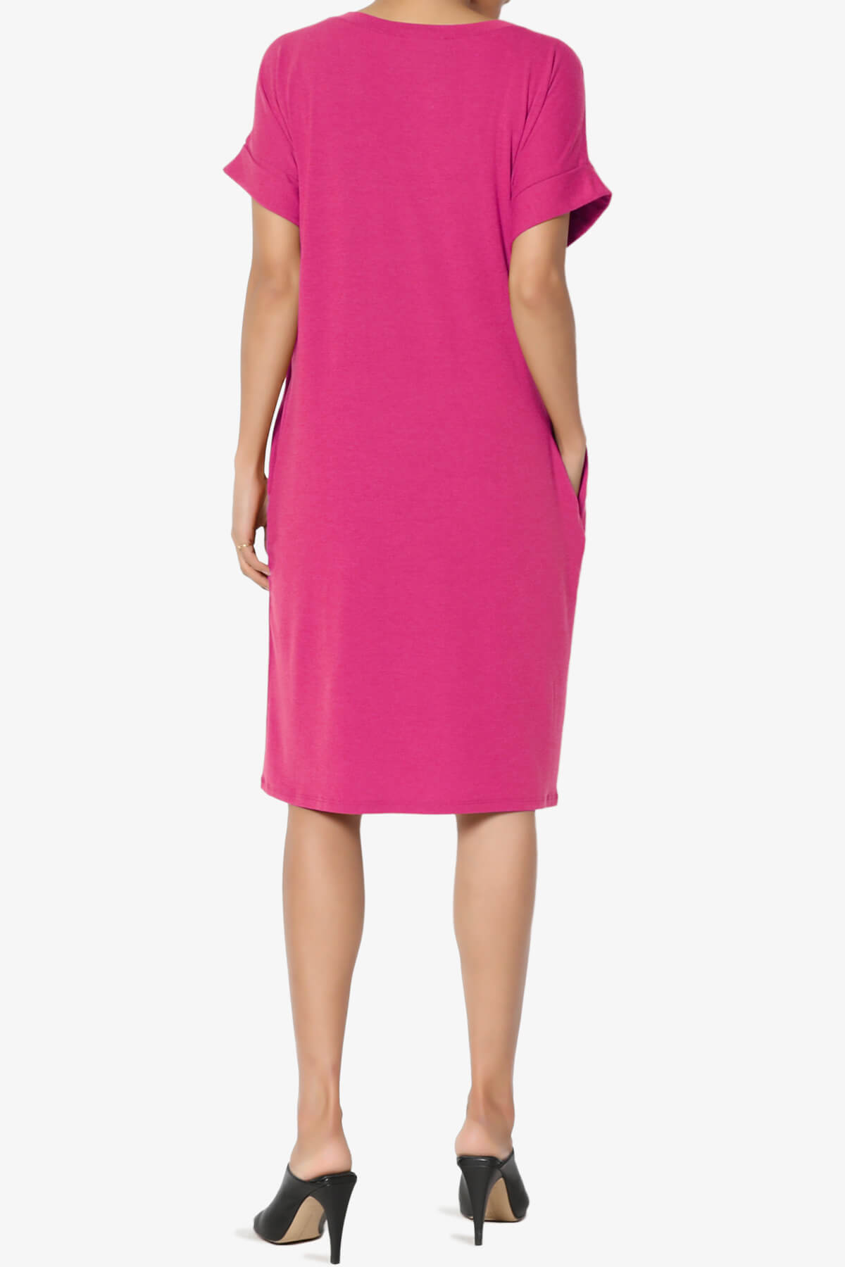 Cliff Rolled Short Sleeve V-Neck Dress HOT PINK_2