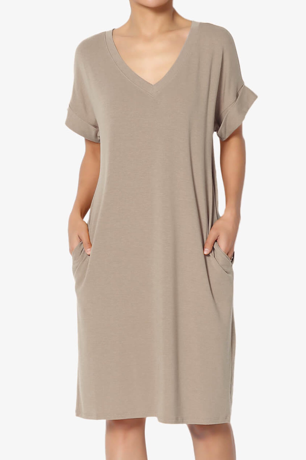 Cliff Rolled Short Sleeve V-Neck Dress LIGHT MOCHA_1