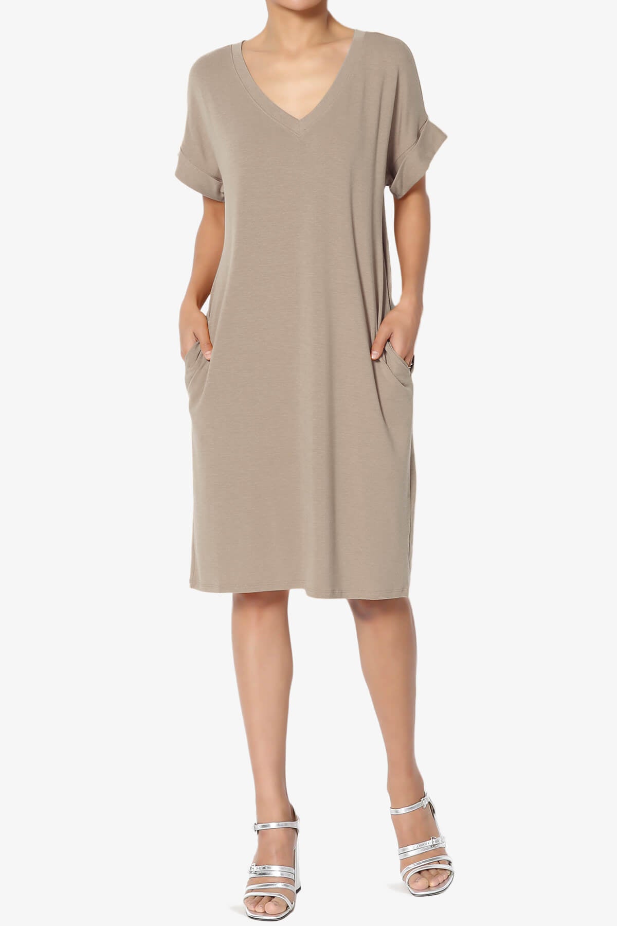 Cliff Rolled Short Sleeve V-Neck Dress LIGHT MOCHA_6