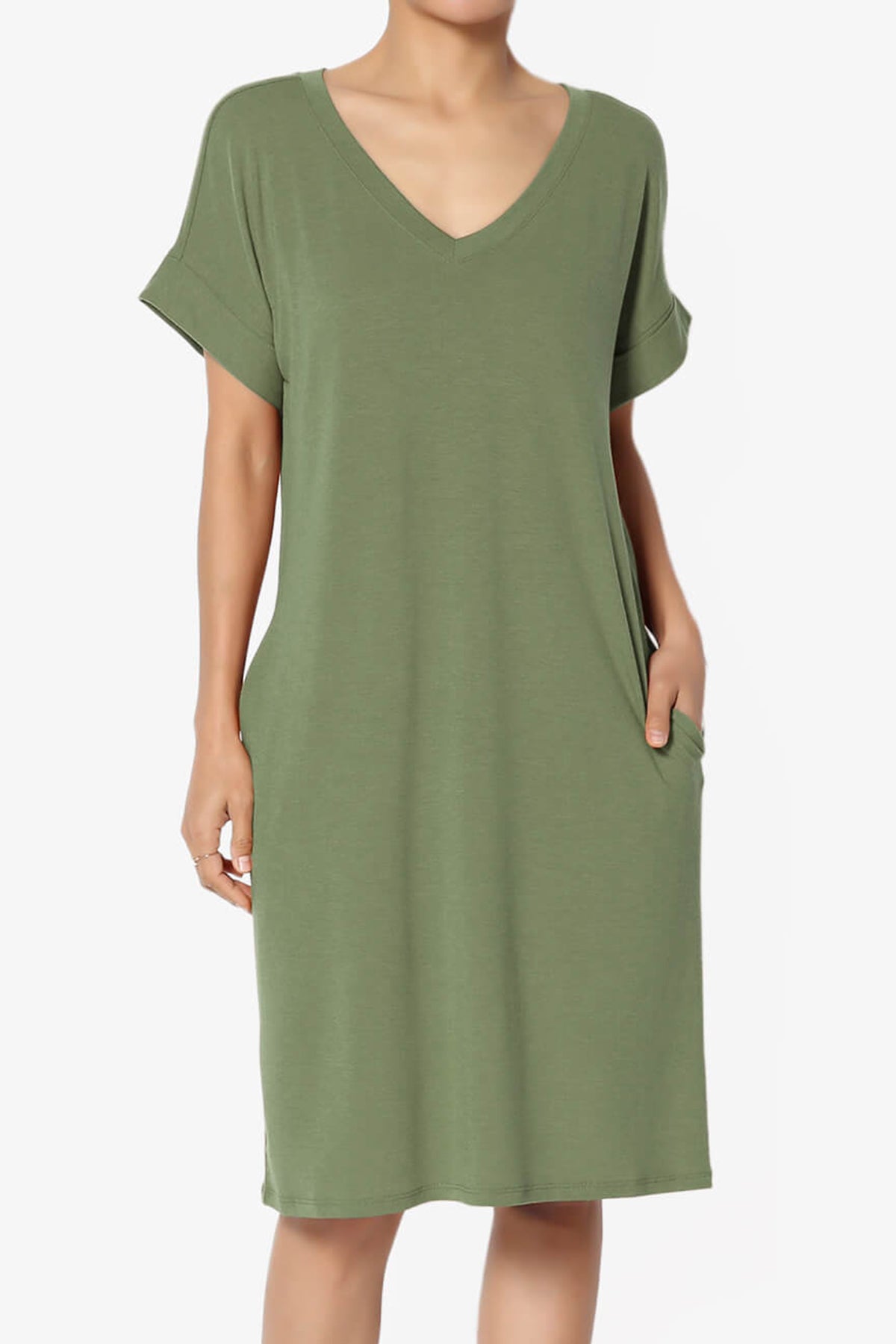 Cliff Rolled Short Sleeve V-Neck Dress LIGHT OLIVE_1
