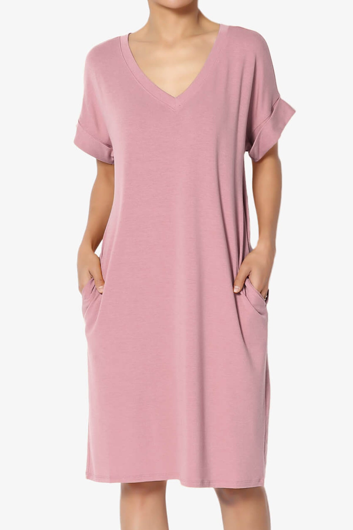 Cliff Rolled Short Sleeve V-Neck Dress LIGHT ROSE_1