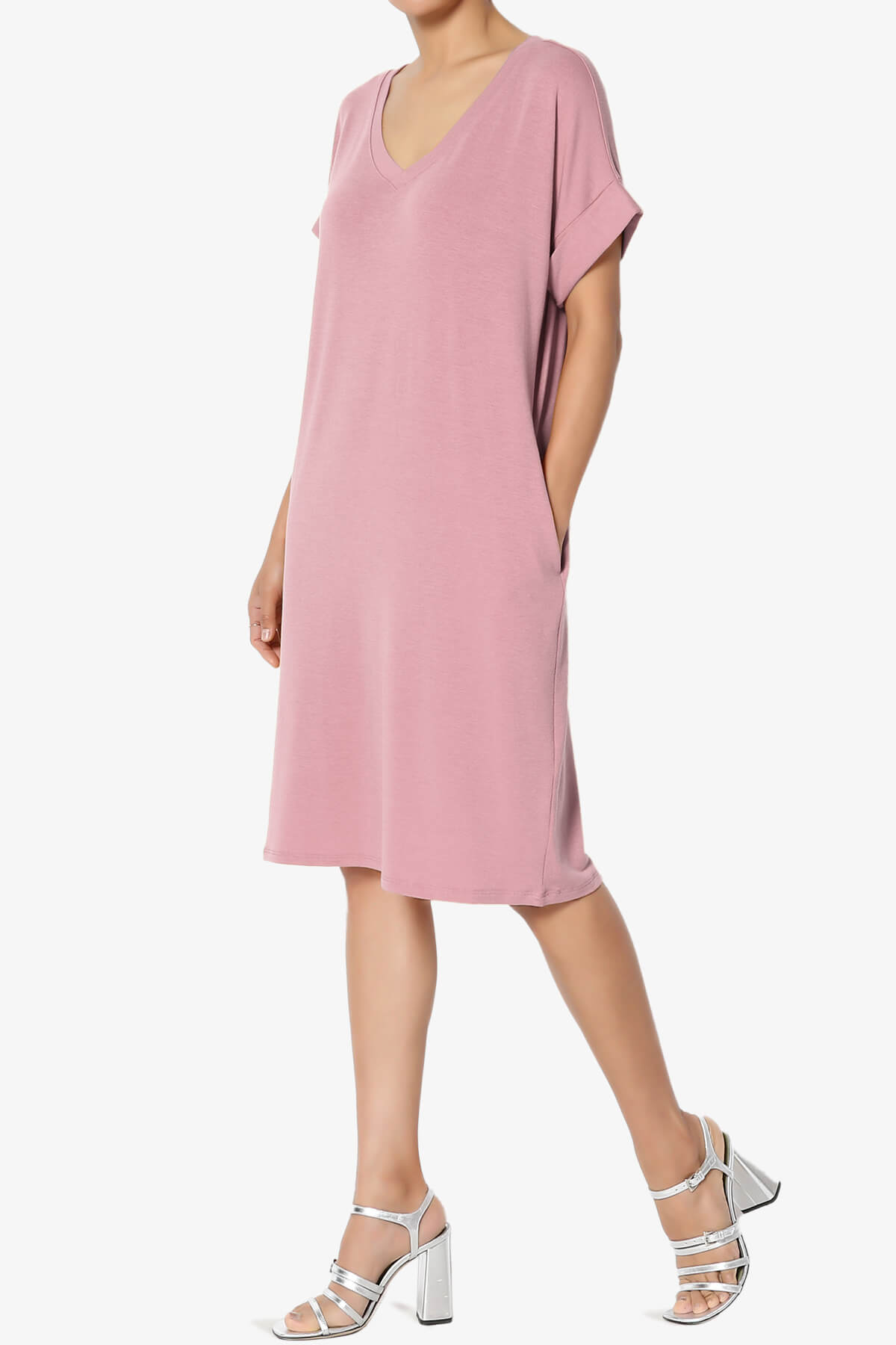 Cliff Rolled Short Sleeve V-Neck Dress LIGHT ROSE_3