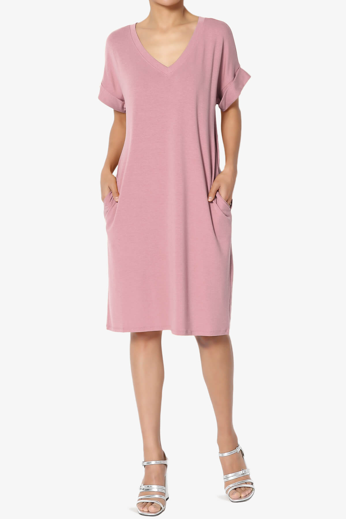 Cliff Rolled Short Sleeve V-Neck Dress LIGHT ROSE_6