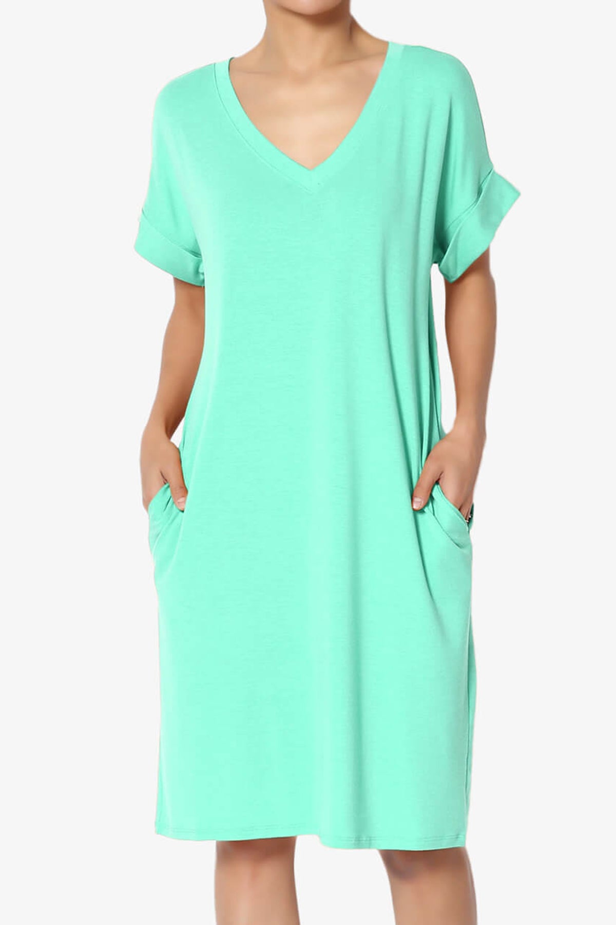 Cliff Rolled Short Sleeve V-Neck Dress MINT_1