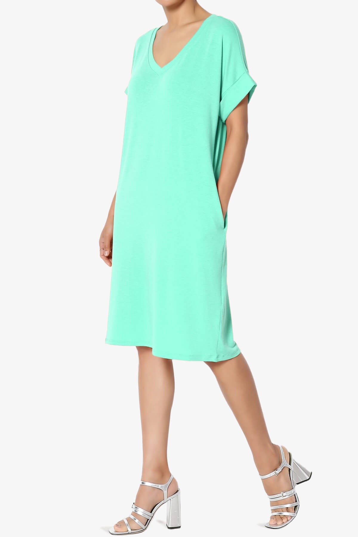Cliff Rolled Short Sleeve V-Neck Dress MINT_3