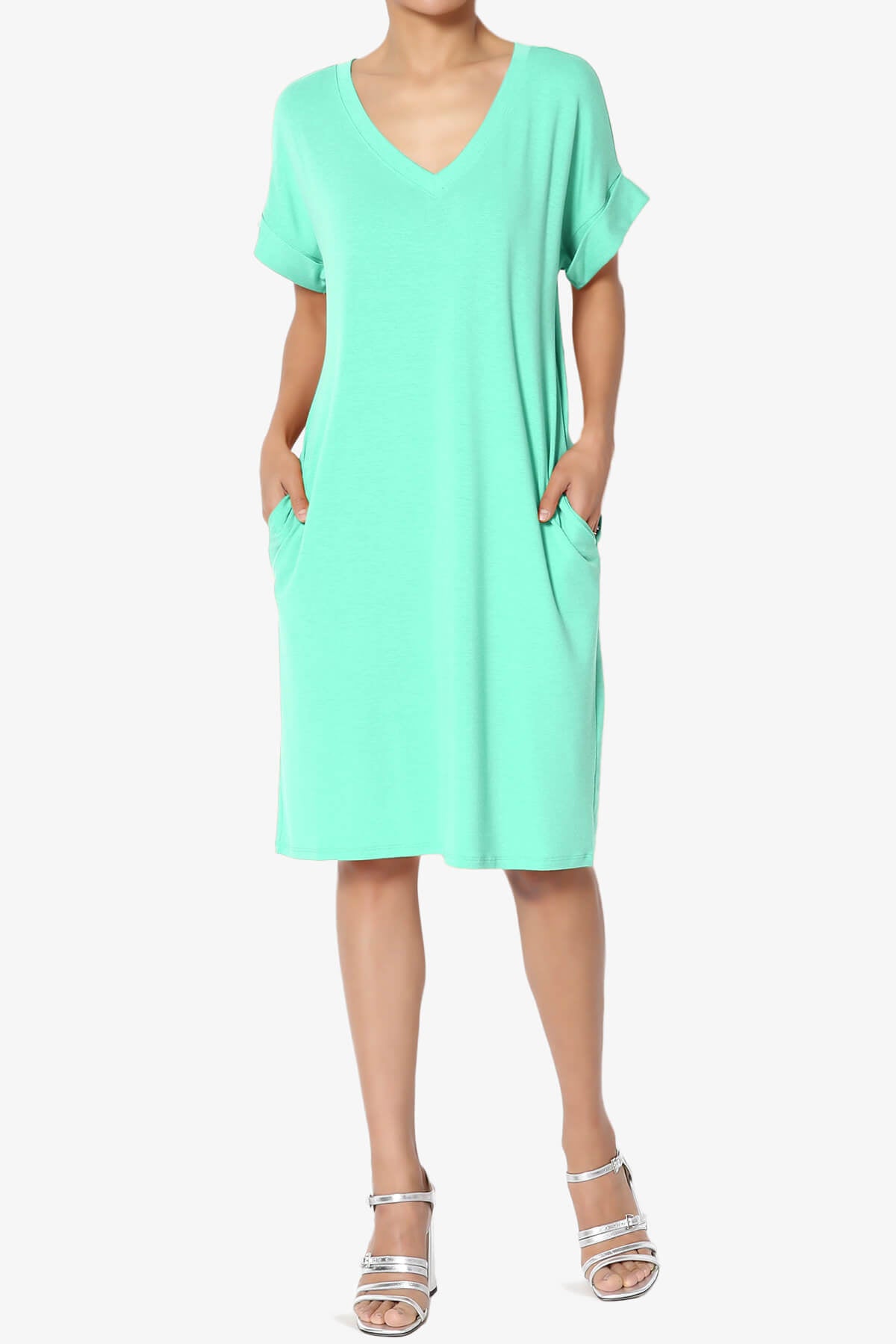 Cliff Rolled Short Sleeve V-Neck Dress MINT_6