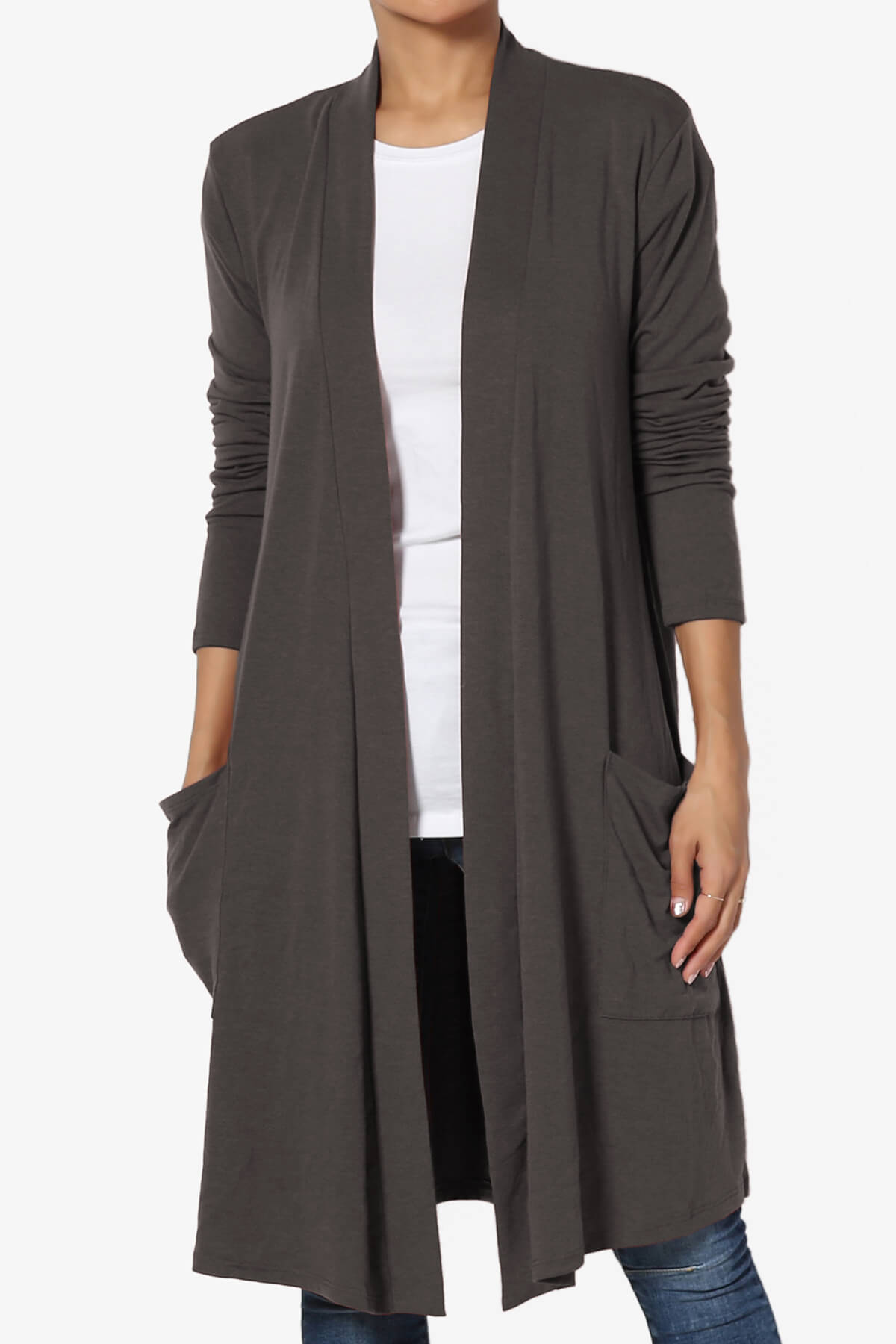 Daday Pocket Jersey Knee Length Cardigan ASH GREY_1