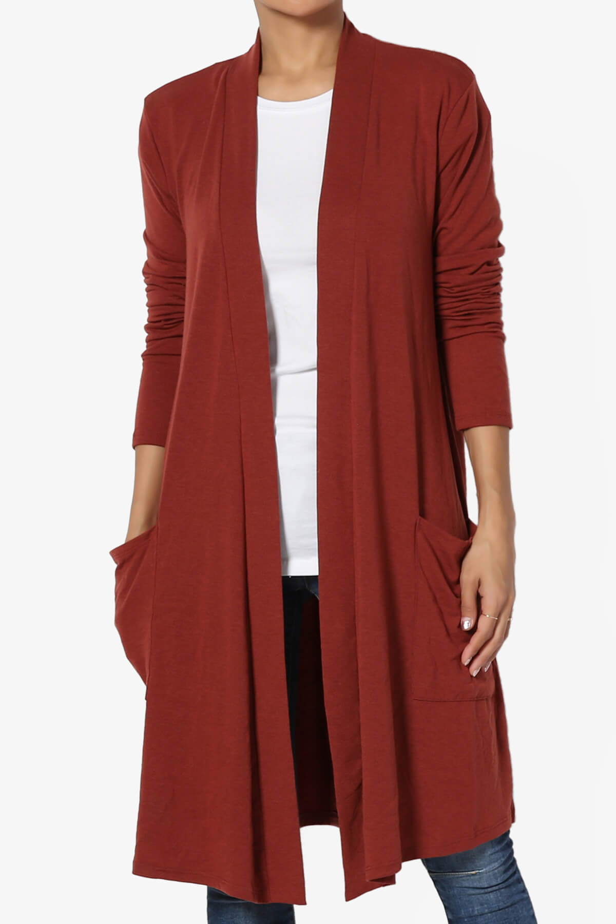 Daday Pocket Jersey Knee Length Cardigan DARK RUST_1