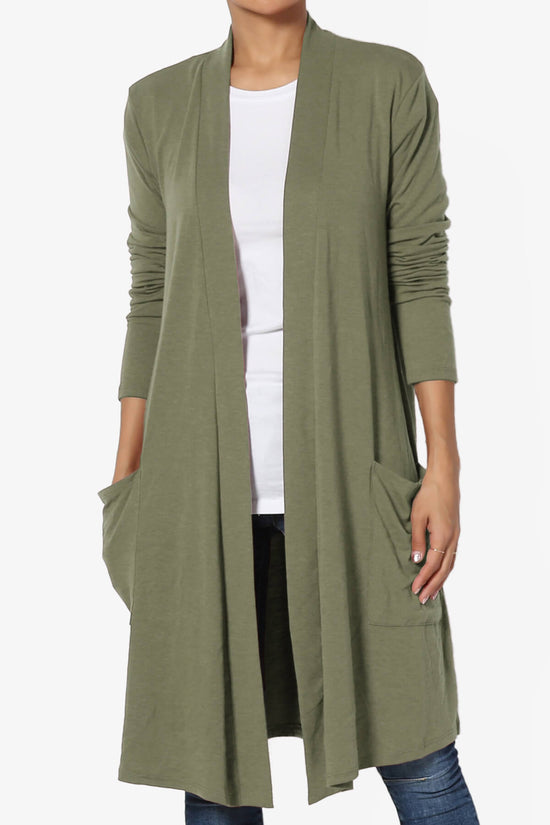 Daday Pocket Jersey Knee Length Cardigan DUSTY OLIVE_1