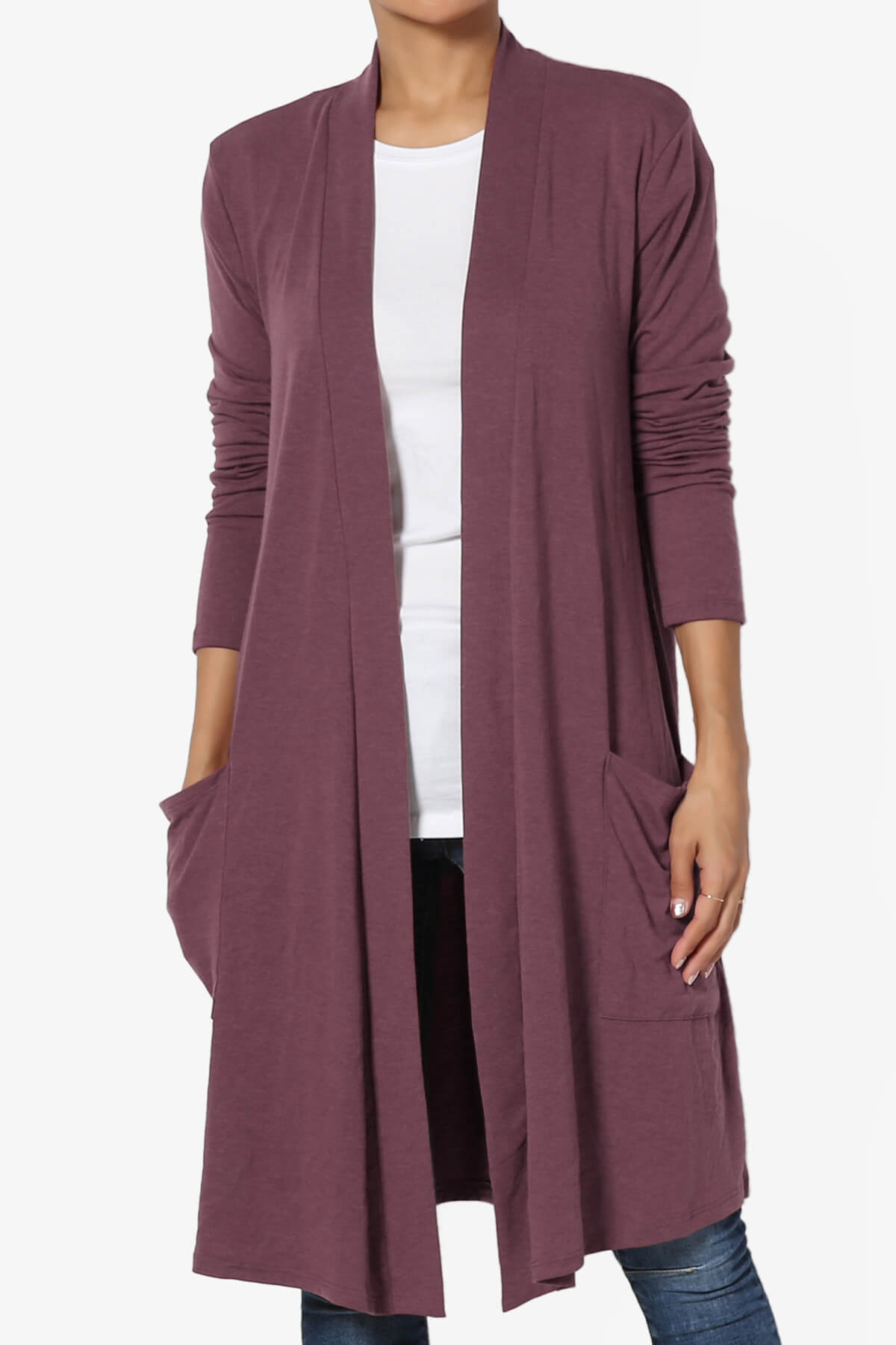Daday Pocket Jersey Knee Length Cardigan DUSTY PLUM_1